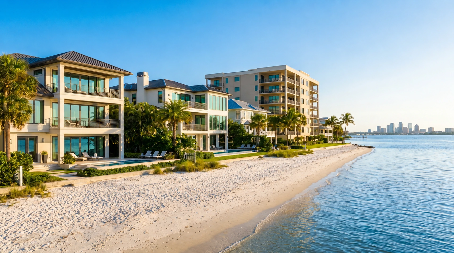 Luxury beachfront homes and condominiums along the waterfront in St. Petersburg Florida