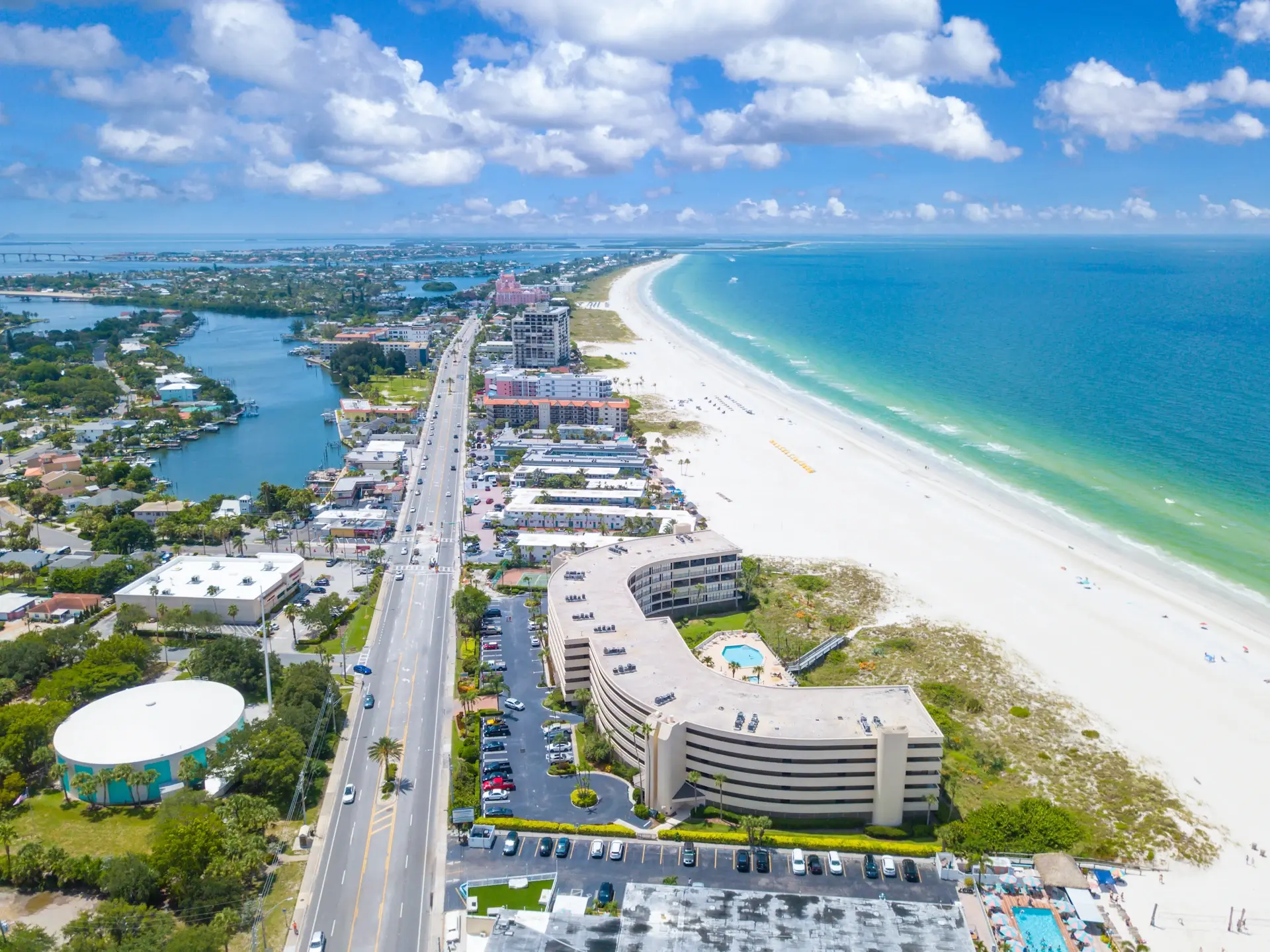 Aerial view of St. Petersburg Florida beachfront coastline with Gulf waters and waterfront communities