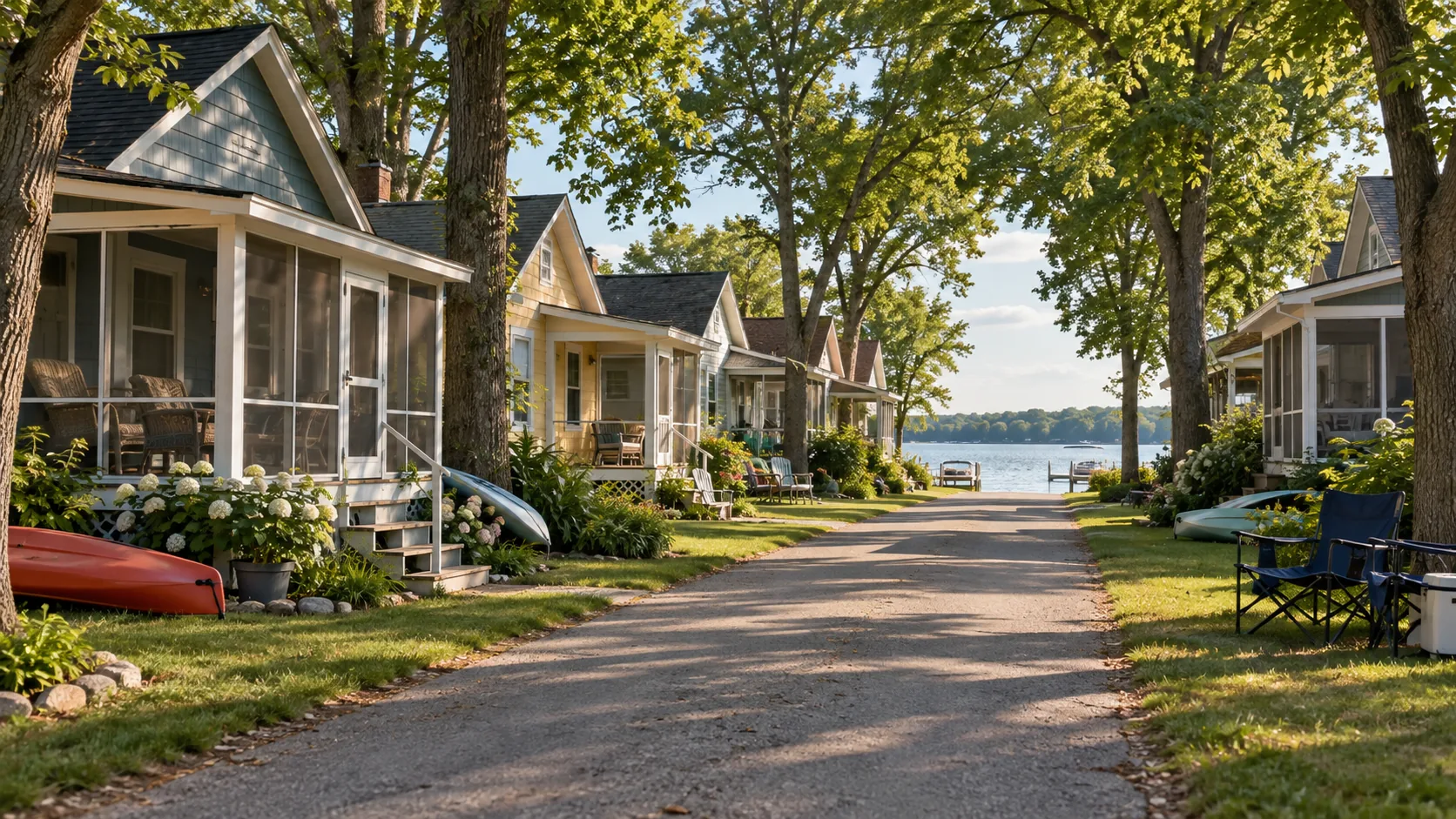 Compact seasonal cottages along a lake street in Arnolds Park, Iowa
