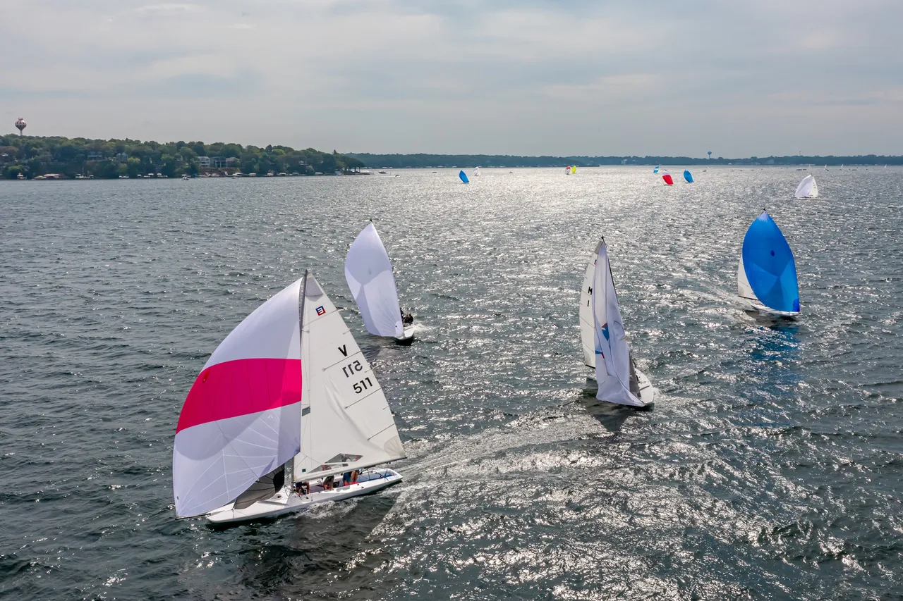 Sailboats racing on the blue water of West Lake Okoboji, Iowa