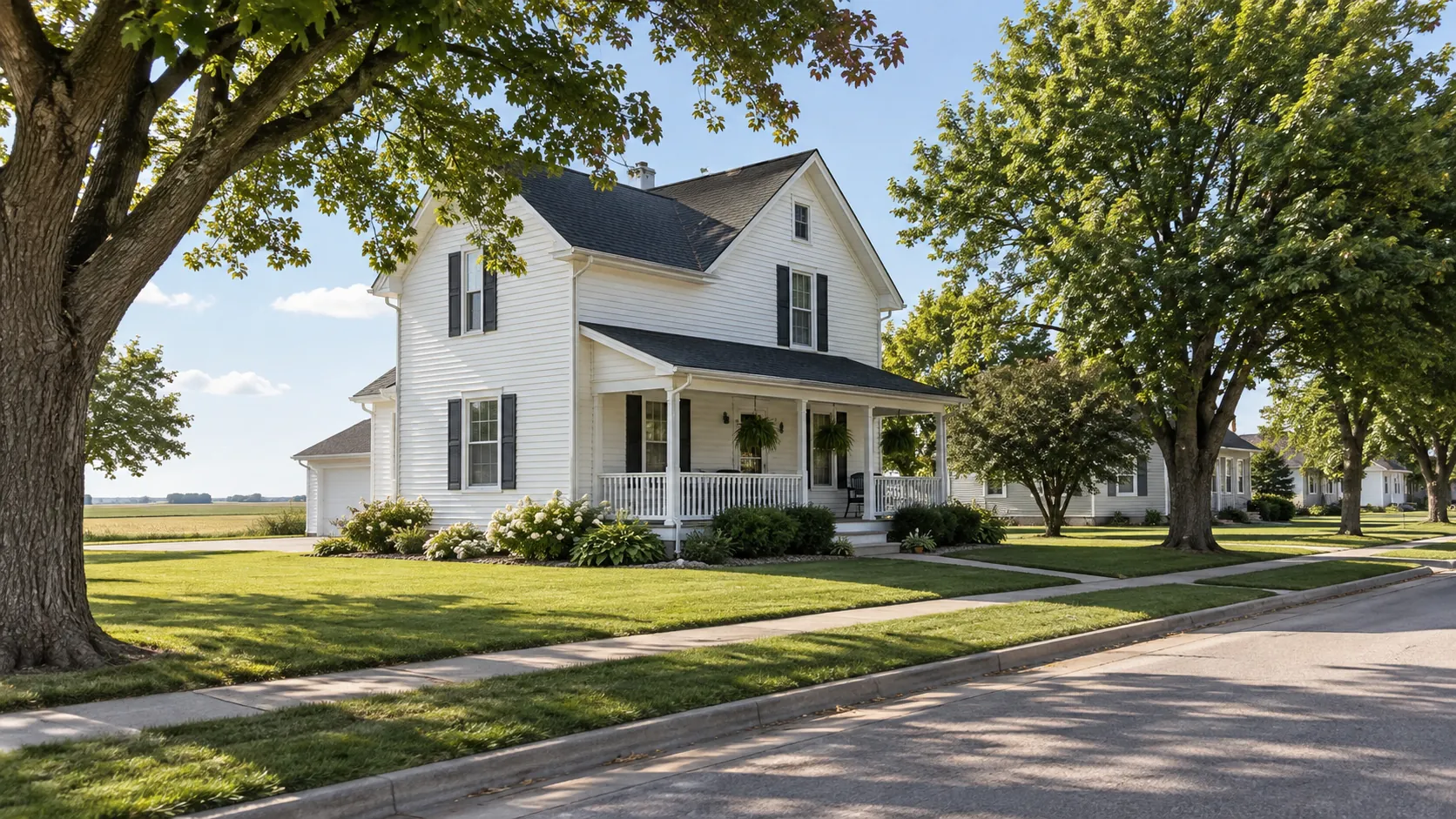 A two-story home on a tree-lined small-town street in northwest Iowa