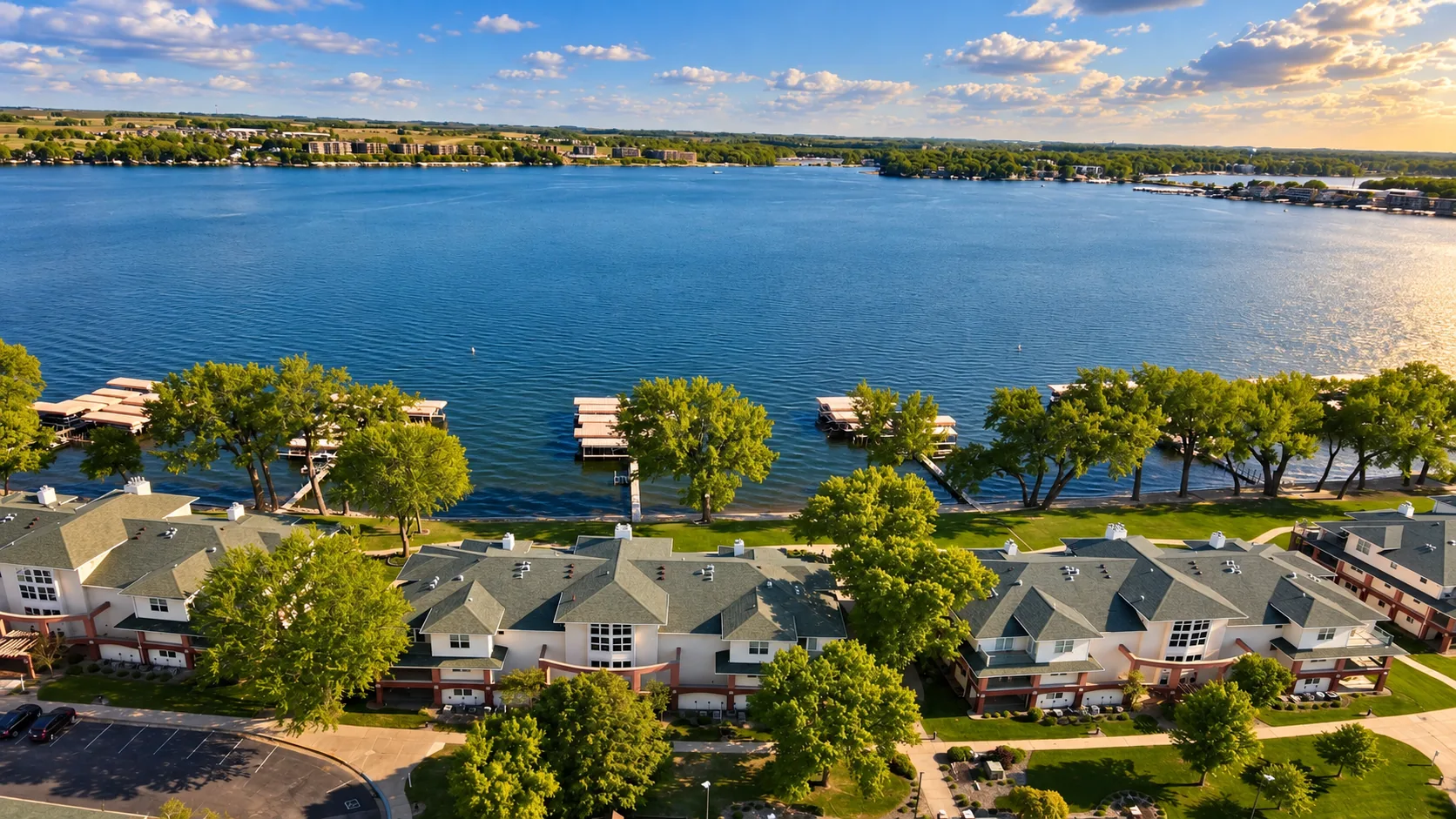 Aerial of a lakefront condominium community on East Lake Okoboji, Iowa