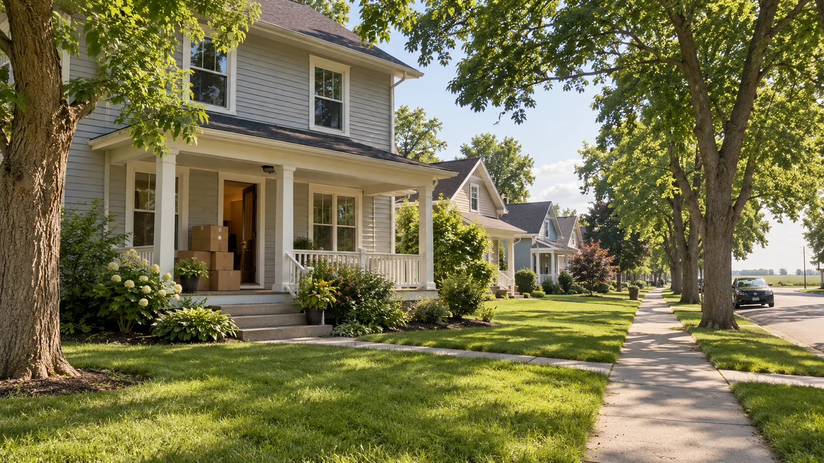A family home on a quiet street in Spirit Lake, Iowa on a summer afternoon