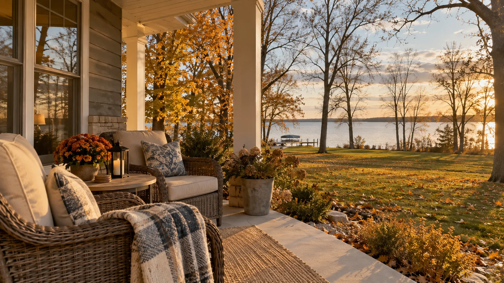A covered porch on a lake home on an autumn afternoon in the Iowa Great Lakes