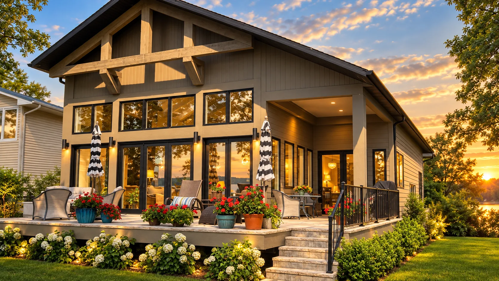 Golden-hour exterior of a lakefront home on West Lake Okoboji, Iowa