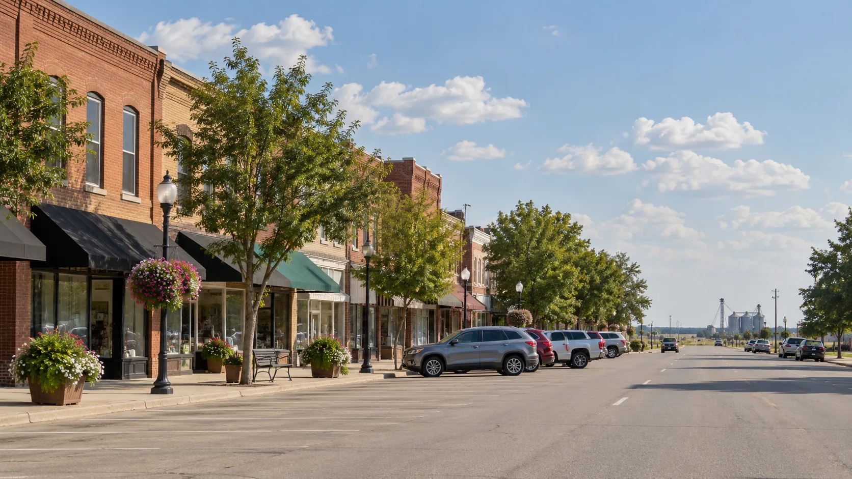 Shopfronts on a downtown street in Spirit Lake, Iowa on a summer afternoon