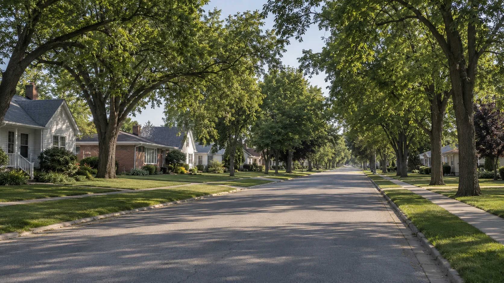 A residential street of established homes with mature trees in the Iowa Great Lakes