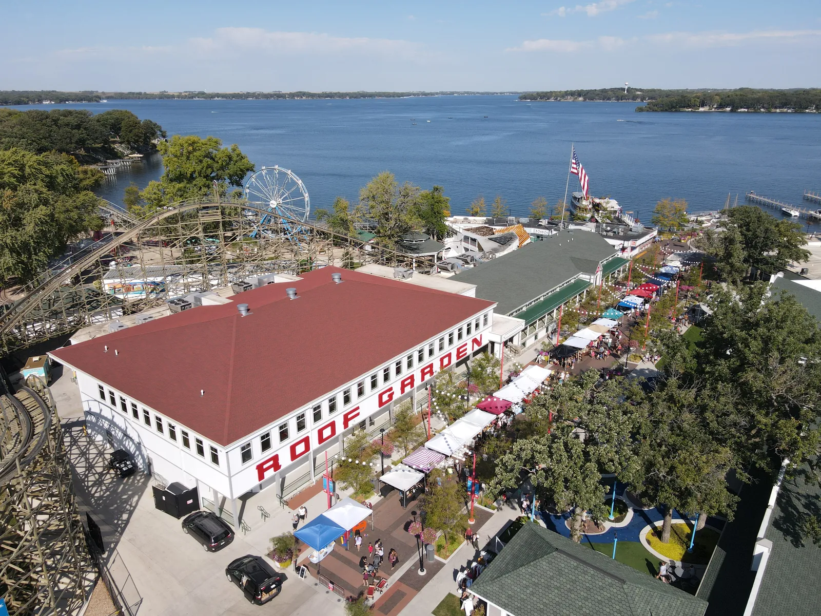 Aerial of the Roof Garden and summer market at Arnolds Park on Lake Okoboji, Iowa