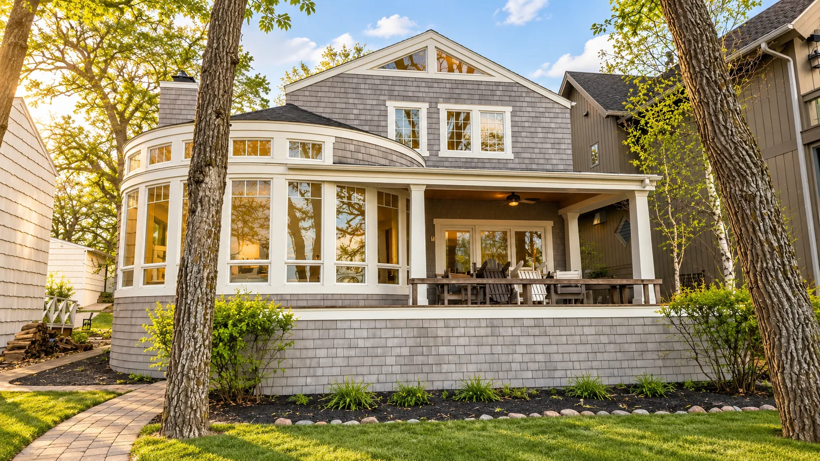 Shingle-style lake cottage in golden morning light near West Lake Okoboji, Iowa